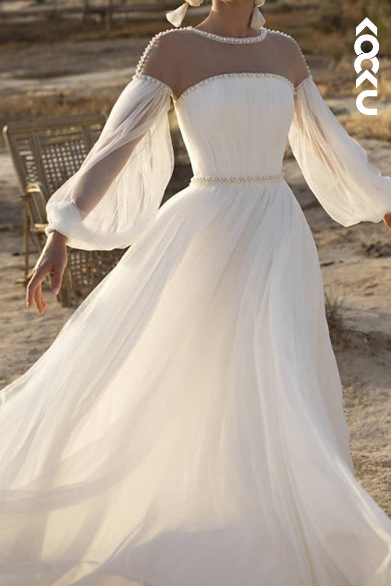 K9110 - A-Line Round Tulle Beaded Long Sleeves Bohmian Beach Wedding Dress