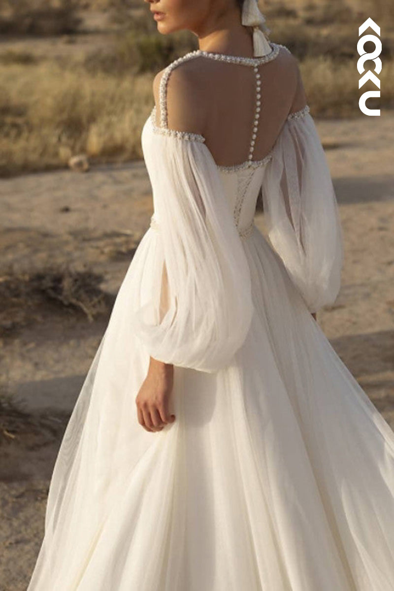 K9110 - A-Line Round Tulle Beaded Long Sleeves Bohmian Beach Wedding Dress