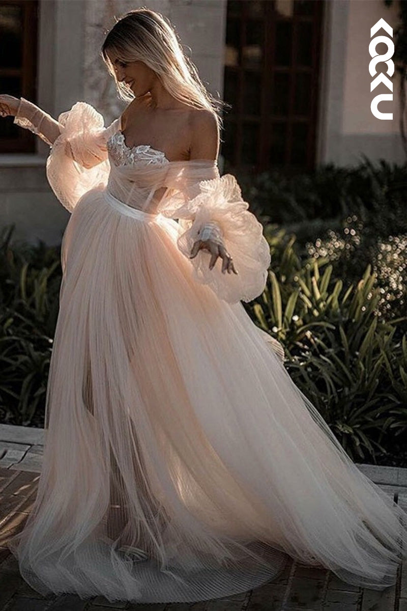 K9111 - A-Line Sweetheart Tulle Appliques Long Sleeves Bohmian Beach Wedding Dress