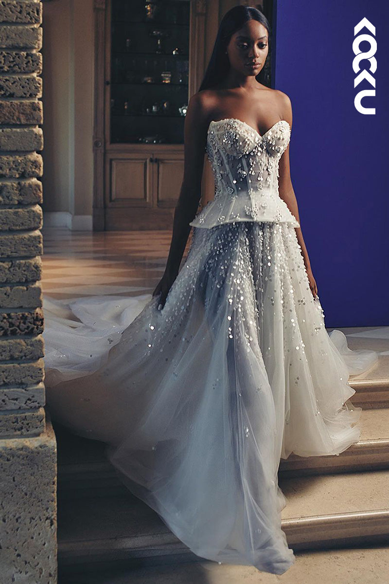 K9112 - A-Line Sweetheart Tulle Beaded Sleeveless Bohmian Beach Wedding Dress