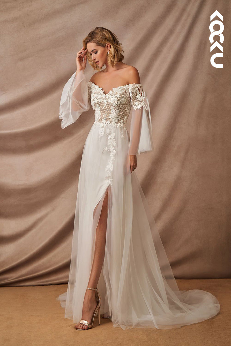 K9113 - A-Line Sweetheart Tulle Appliques Long Sleeves Bohmian Beach Wedding Dress