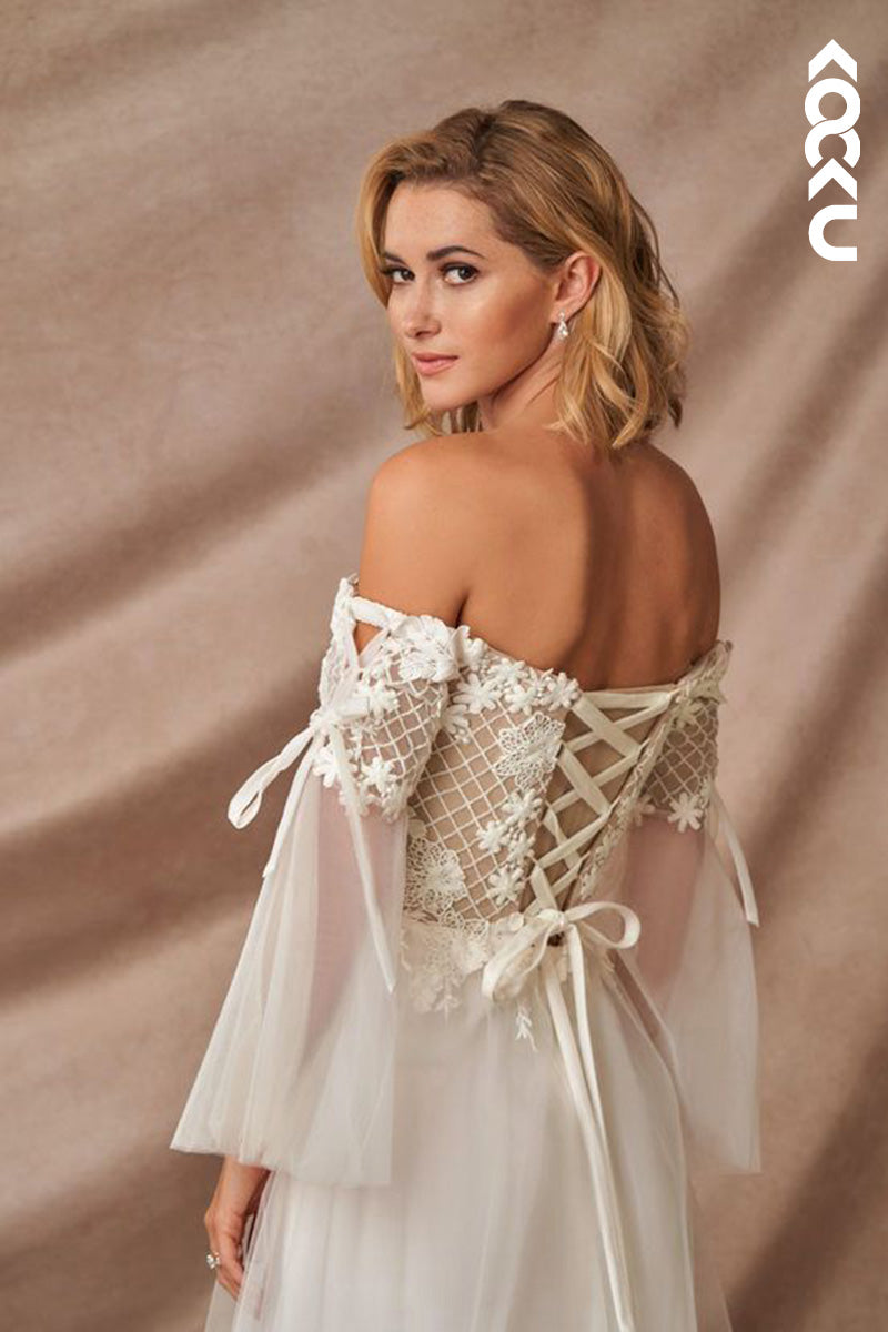 K9113 - A-Line Sweetheart Tulle Appliques Long Sleeves Bohmian Beach Wedding Dress