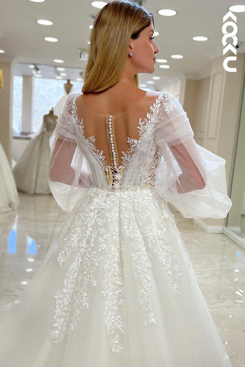 K913 - A-Line V-Neck Tulle Appliques Long Sleeves Bohmian Beach Wedding Dress