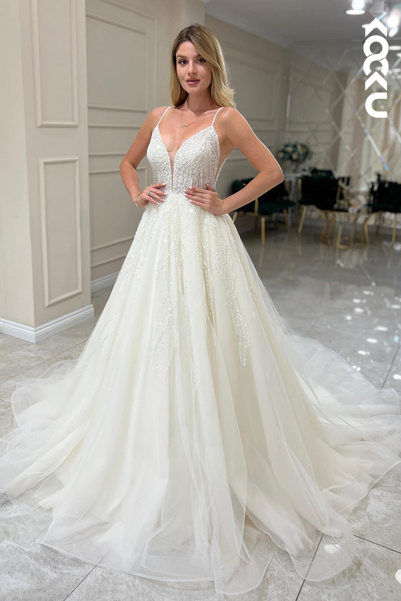 K914 - A-Line V-Neck Tulle Appliques Sequins Sleeveless Wedding Dress