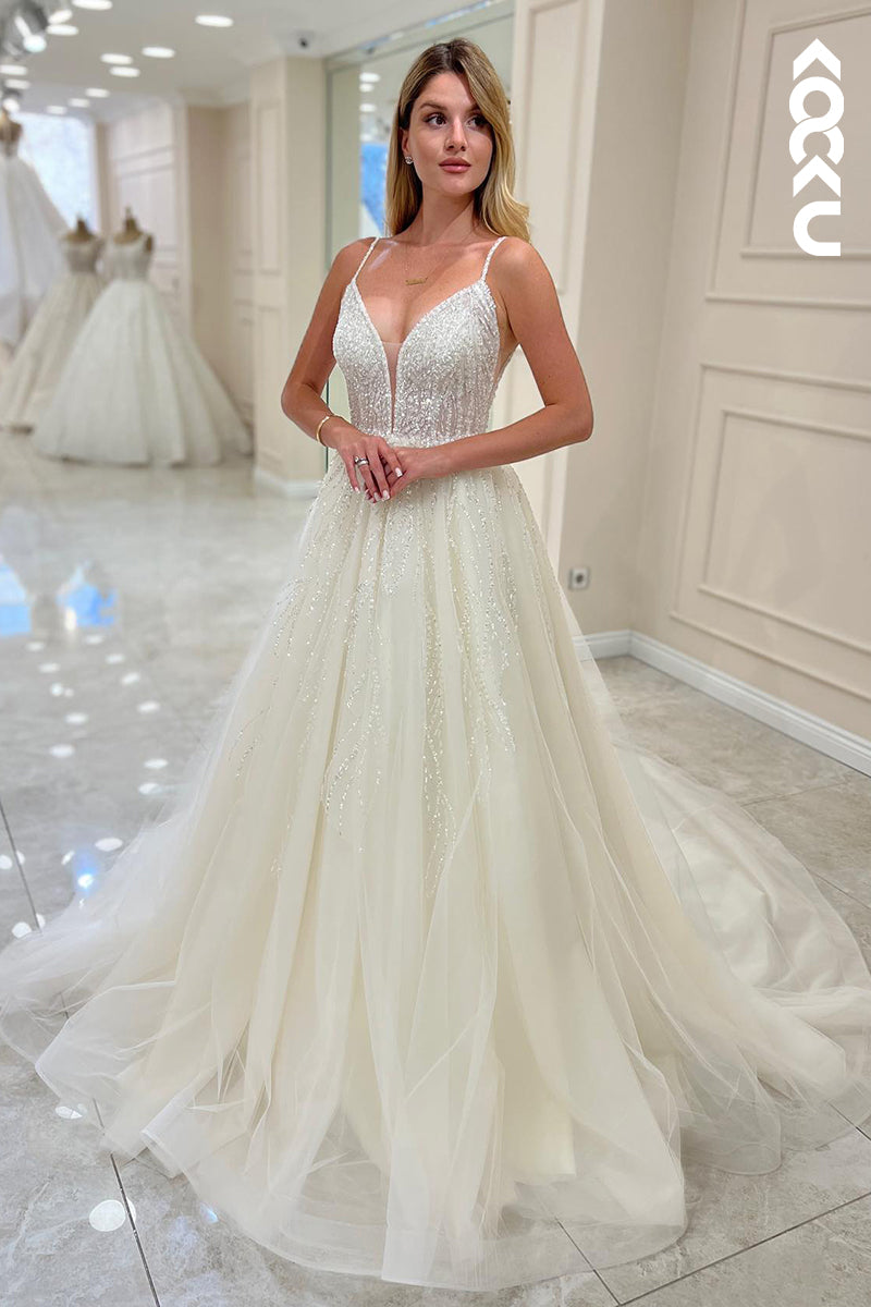 K914 - A-Line V-Neck Tulle Appliques Sequins Sleeveless Wedding Dress