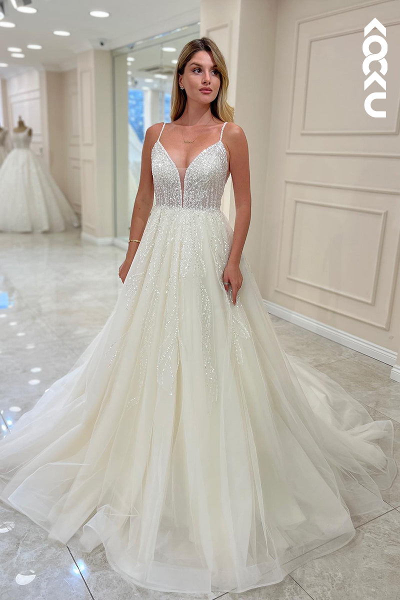 K914 - A-Line V-Neck Tulle Appliques Sequins Sleeveless Wedding Dress