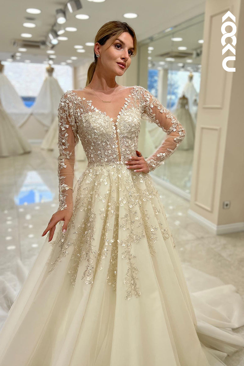 K915 - A-Line V-Neck Tulle Appliques Long Sleeves Bohmian Beach Wedding Dress