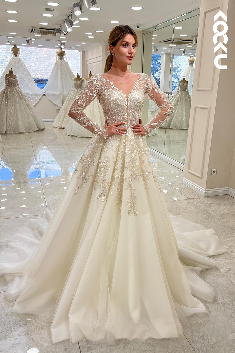 K915 - A-Line V-Neck Tulle Appliques Long Sleeves Bohmian Beach Wedding Dress