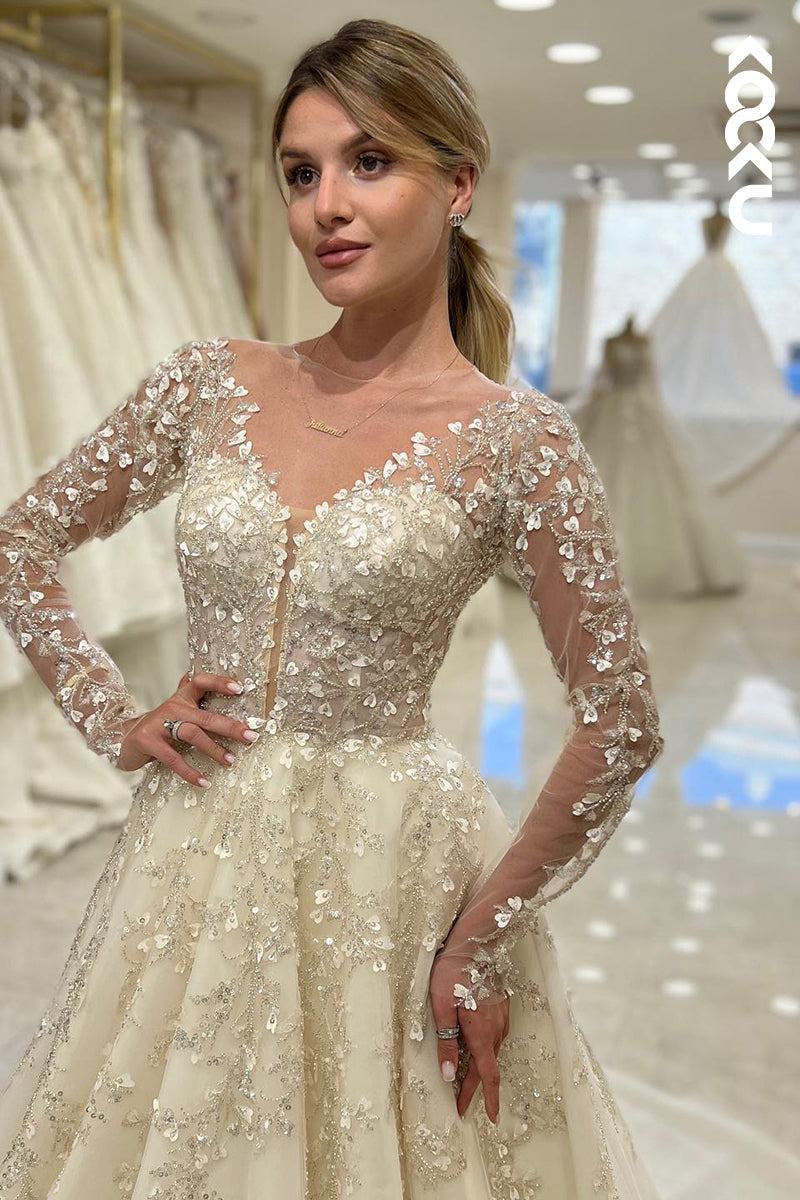 K915 - A-Line V-Neck Tulle Appliques Long Sleeves Bohmian Beach Wedding Dress