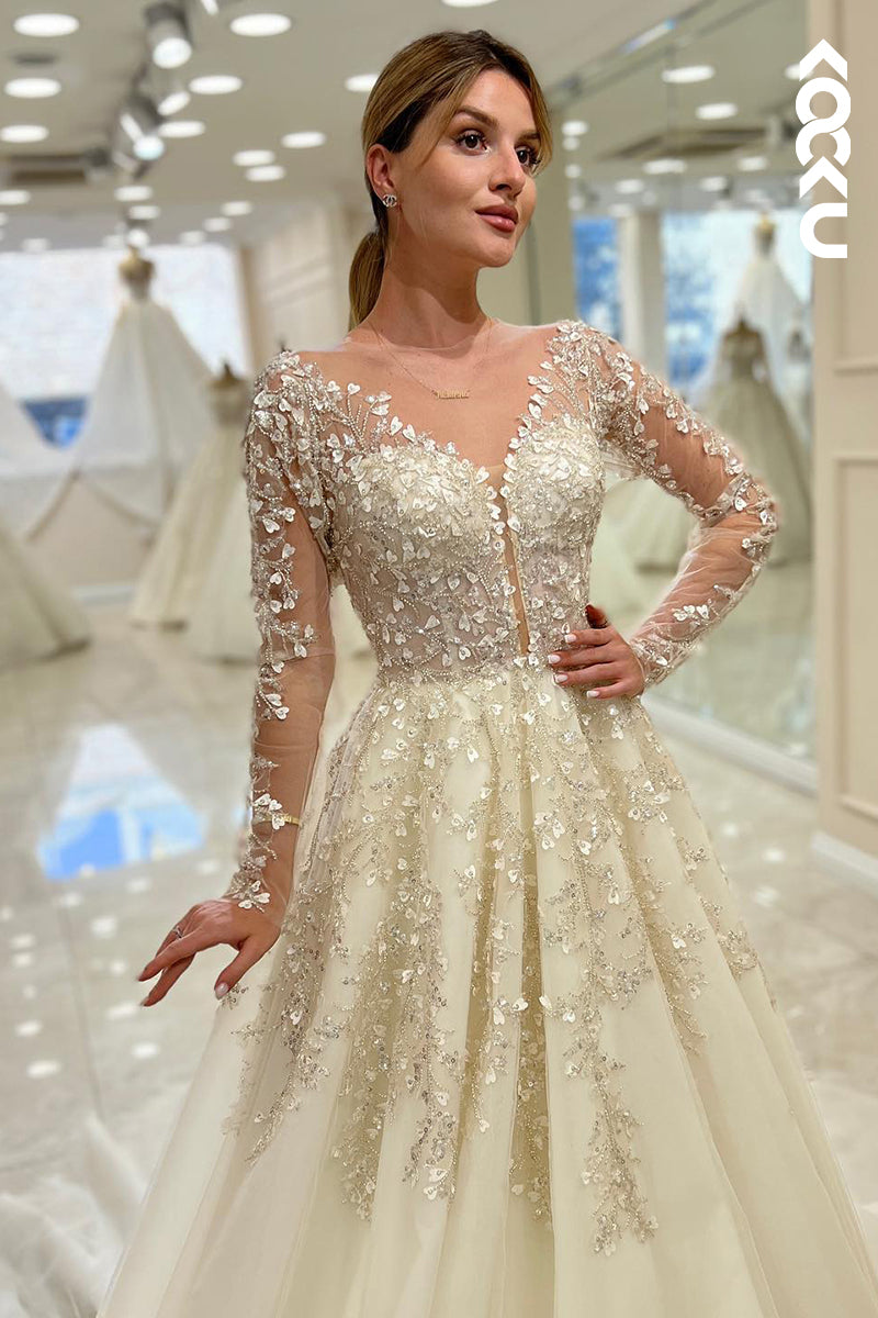 K915 - A-Line V-Neck Tulle Appliques Long Sleeves Bohmian Beach Wedding Dress