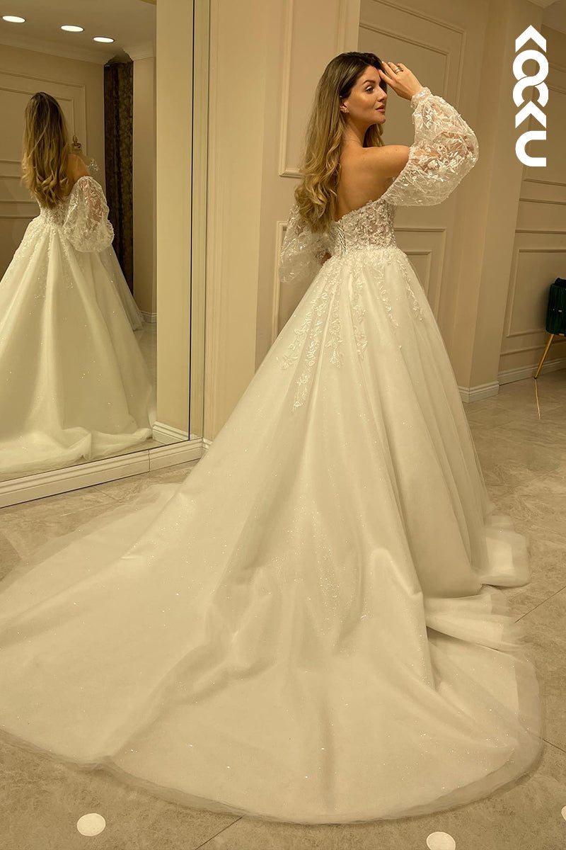 K918 - A-Line Sweetheart Tulle Appliques Long Sleeves Wedding Dress