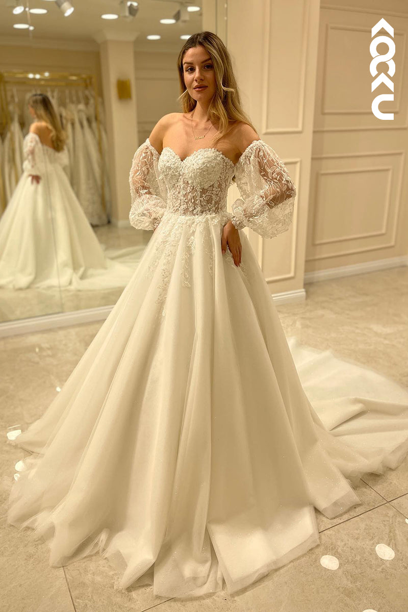 K918 - A-Line Sweetheart Tulle Appliques Long Sleeves Wedding Dress