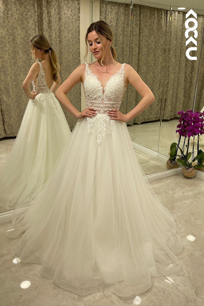 K919 - A-Line V-Neck Tulle Appliques Sleeveless Beach Wedding Dress