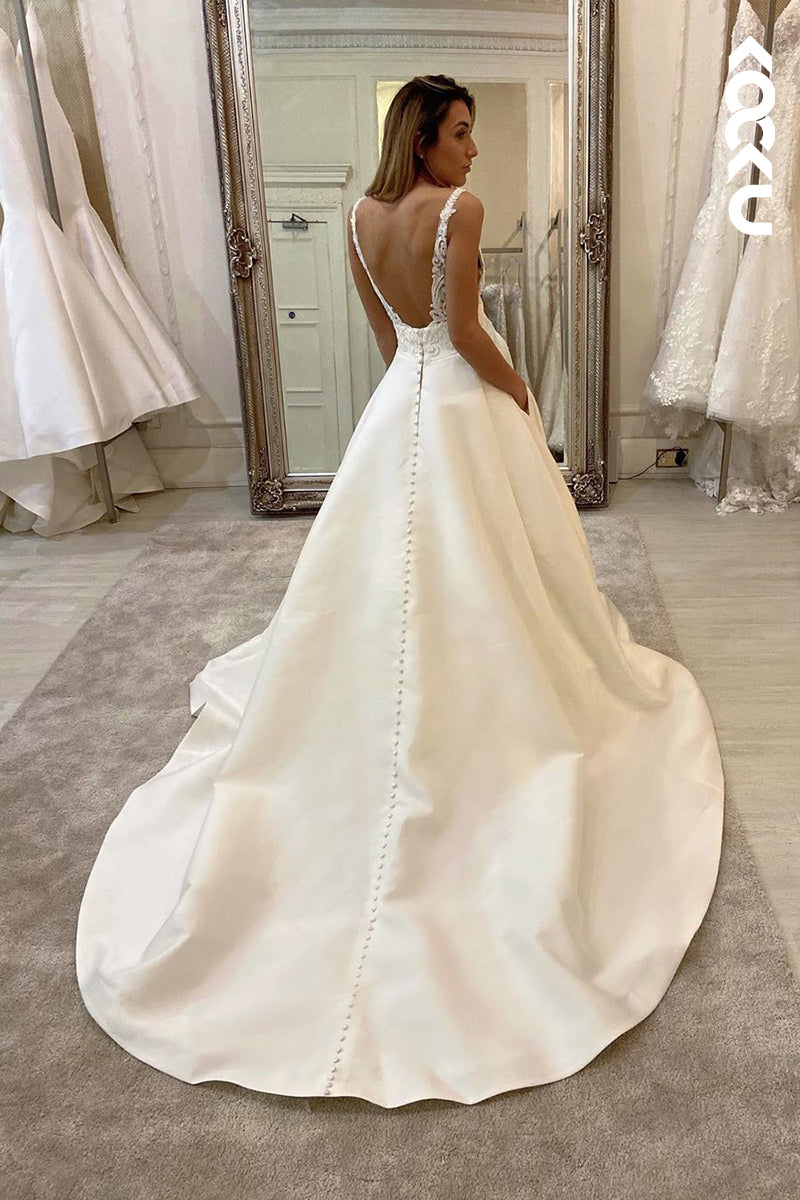 K920 - A-Line V-Neck Satin Backless Sleeveless Wedding Dress