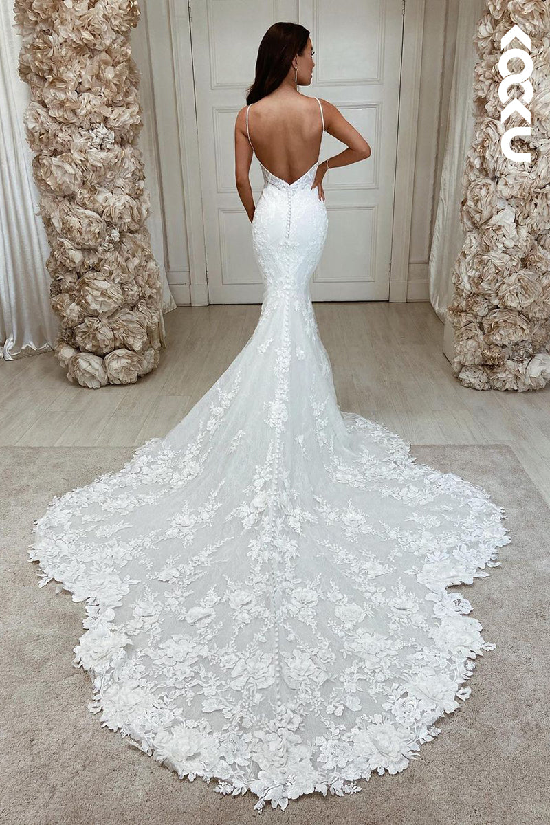 K922 - Trumpet/Mermaid V-Neck Tulle Appliques Sleeveless Mermaid Wedding Dress