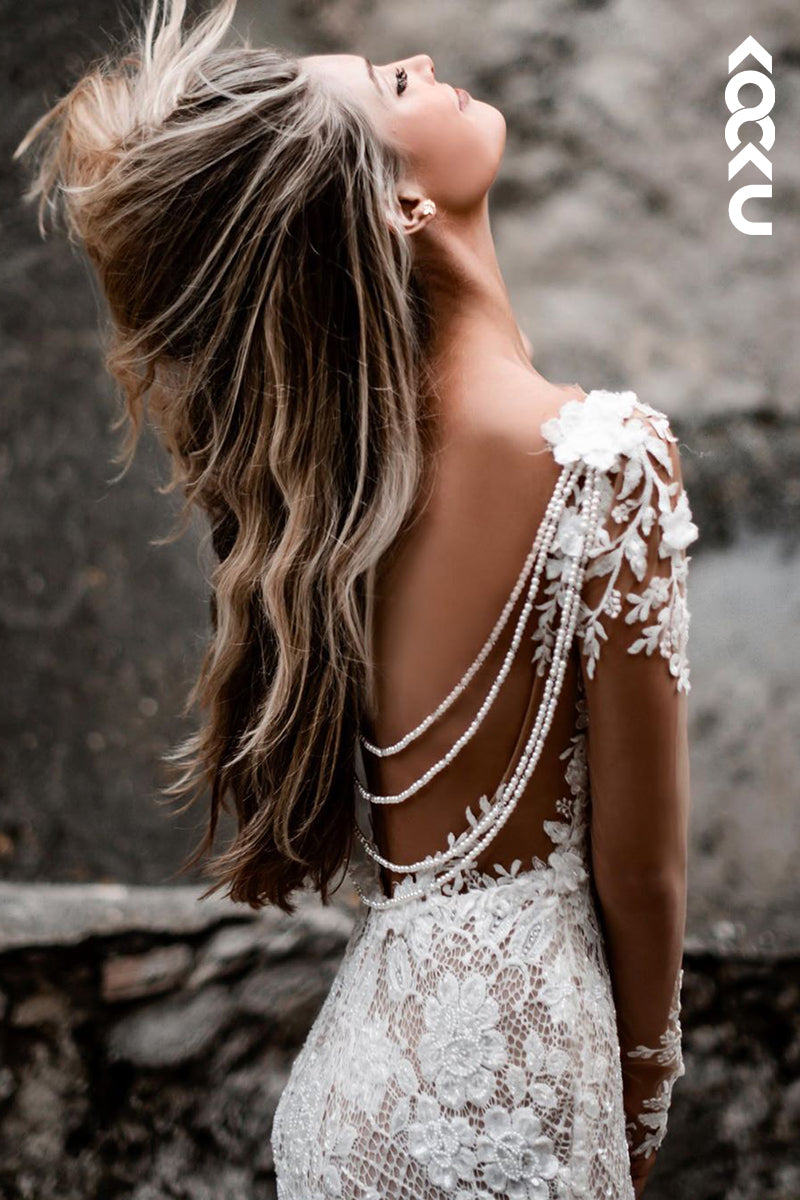 K929 - Sheath/Column V-Neck Lace Appliques Backless Bohmian Beach Wedding Dress