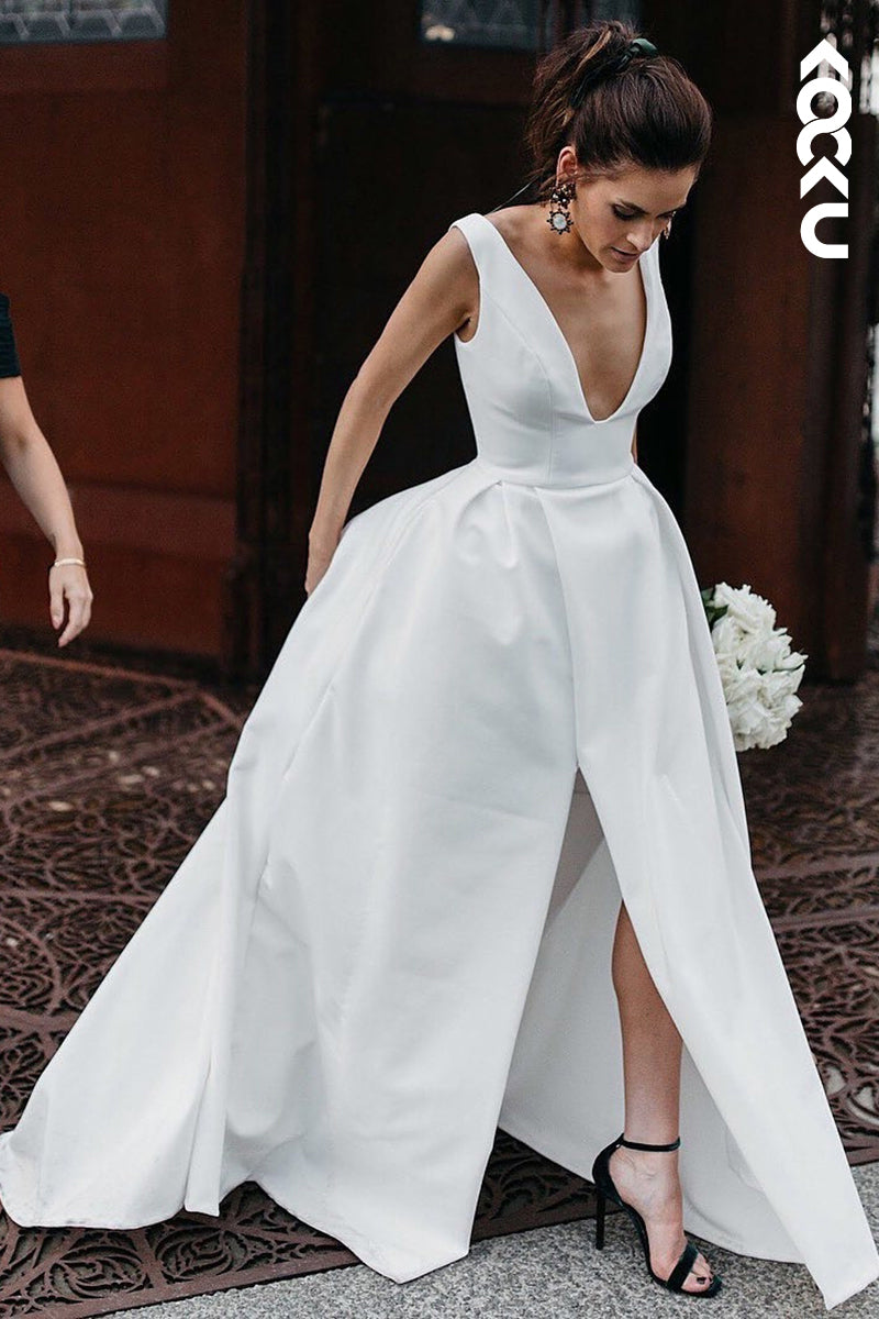 K930 - A-Line V-Neck Satin Split Sleeveless Wedding Dress