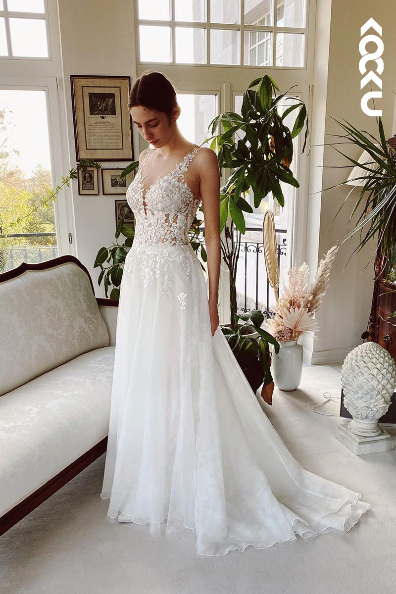 K932 - Sheath/Column V-Neck Tulle Appliques Sleeveless Beach Wedding Dress