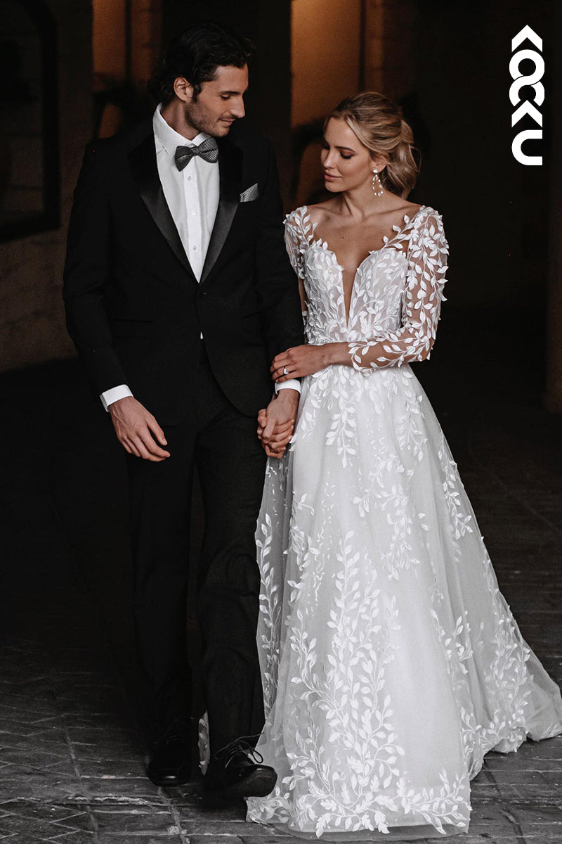 K933 - A-Line V-Neck Tulle Appliques Long Sleeves Bohmian Beach Wedding Dress