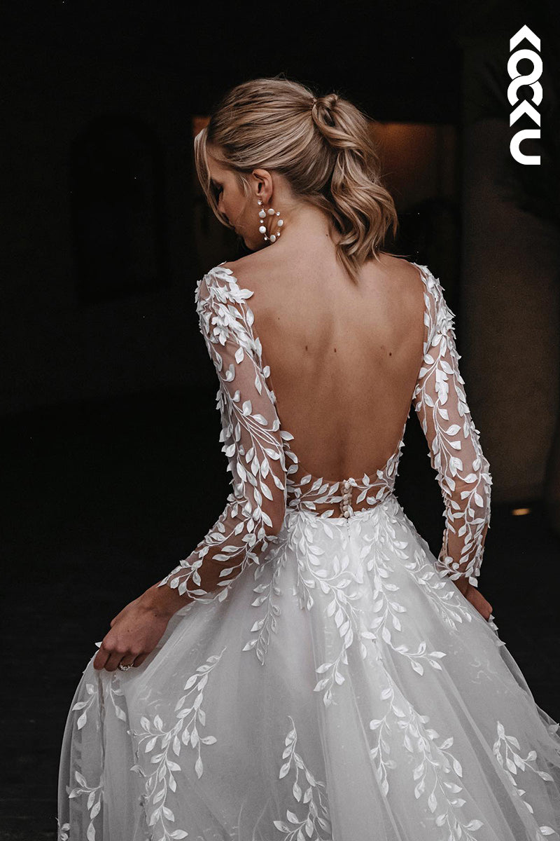 K933 - A-Line V-Neck Tulle Appliques Long Sleeves Bohmian Beach Wedding Dress