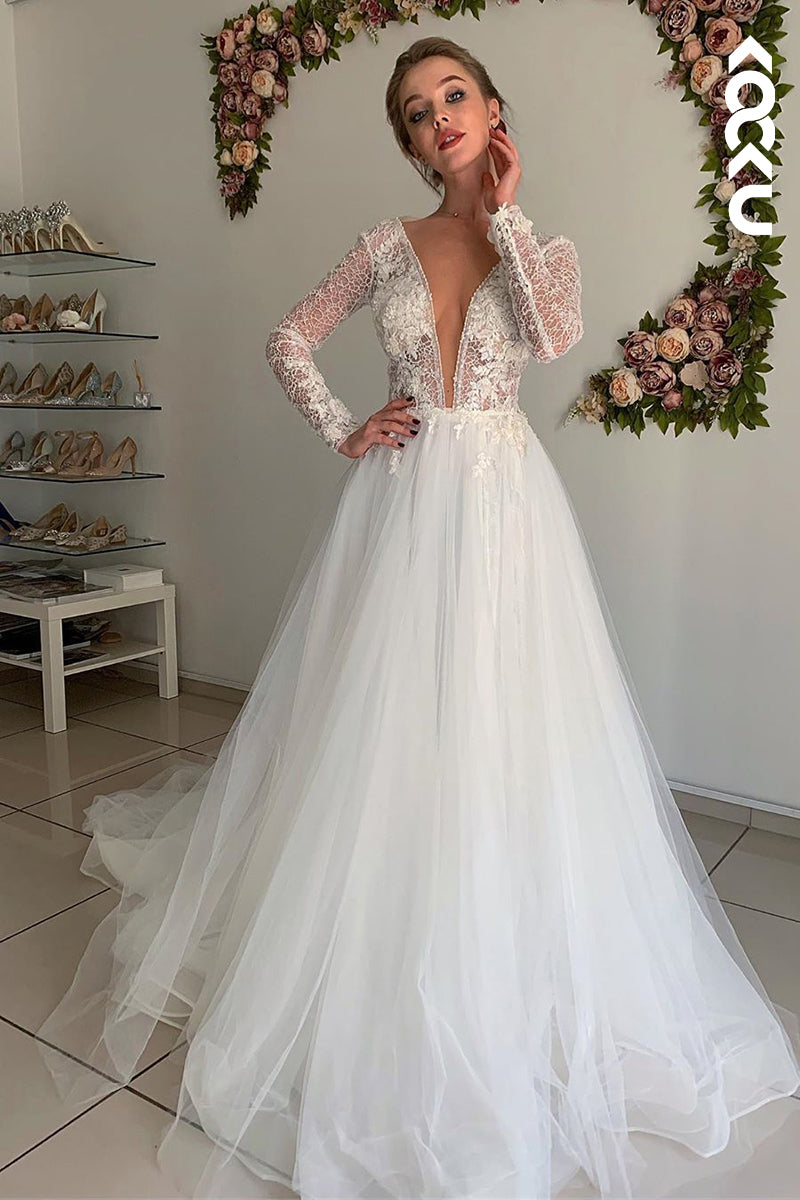 K934 - A-Line V-Neck Tulle Appliques Long Sleeves Bohmian Beach Wedding Dress