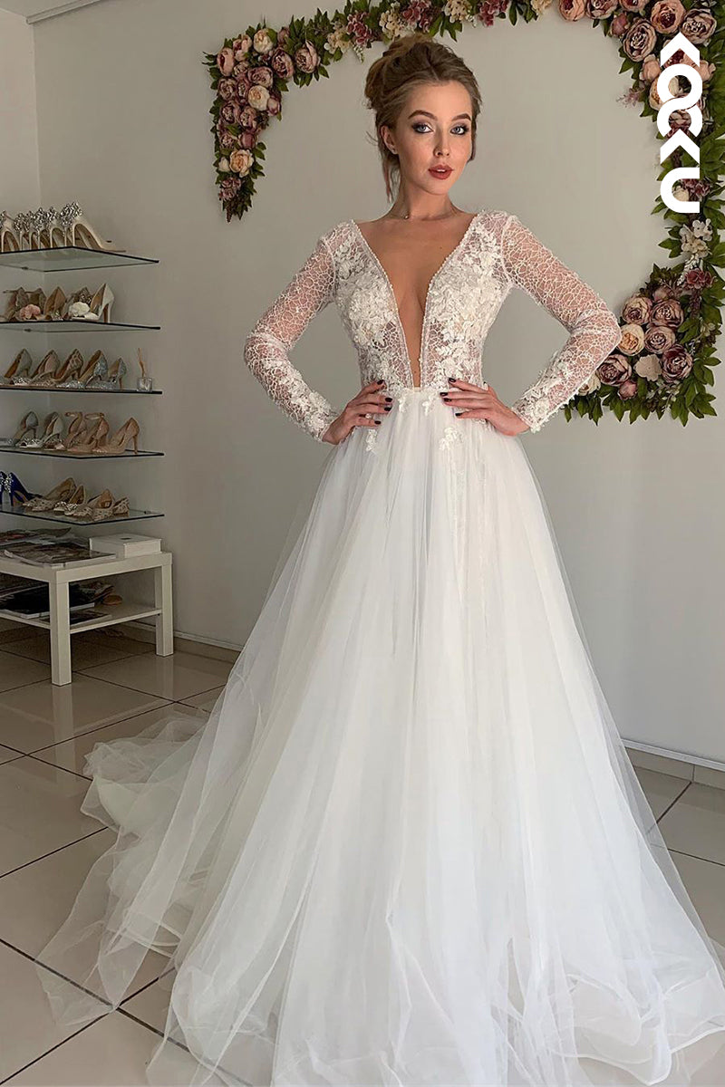 K934 - A-Line V-Neck Tulle Appliques Long Sleeves Bohmian Beach Wedding Dress