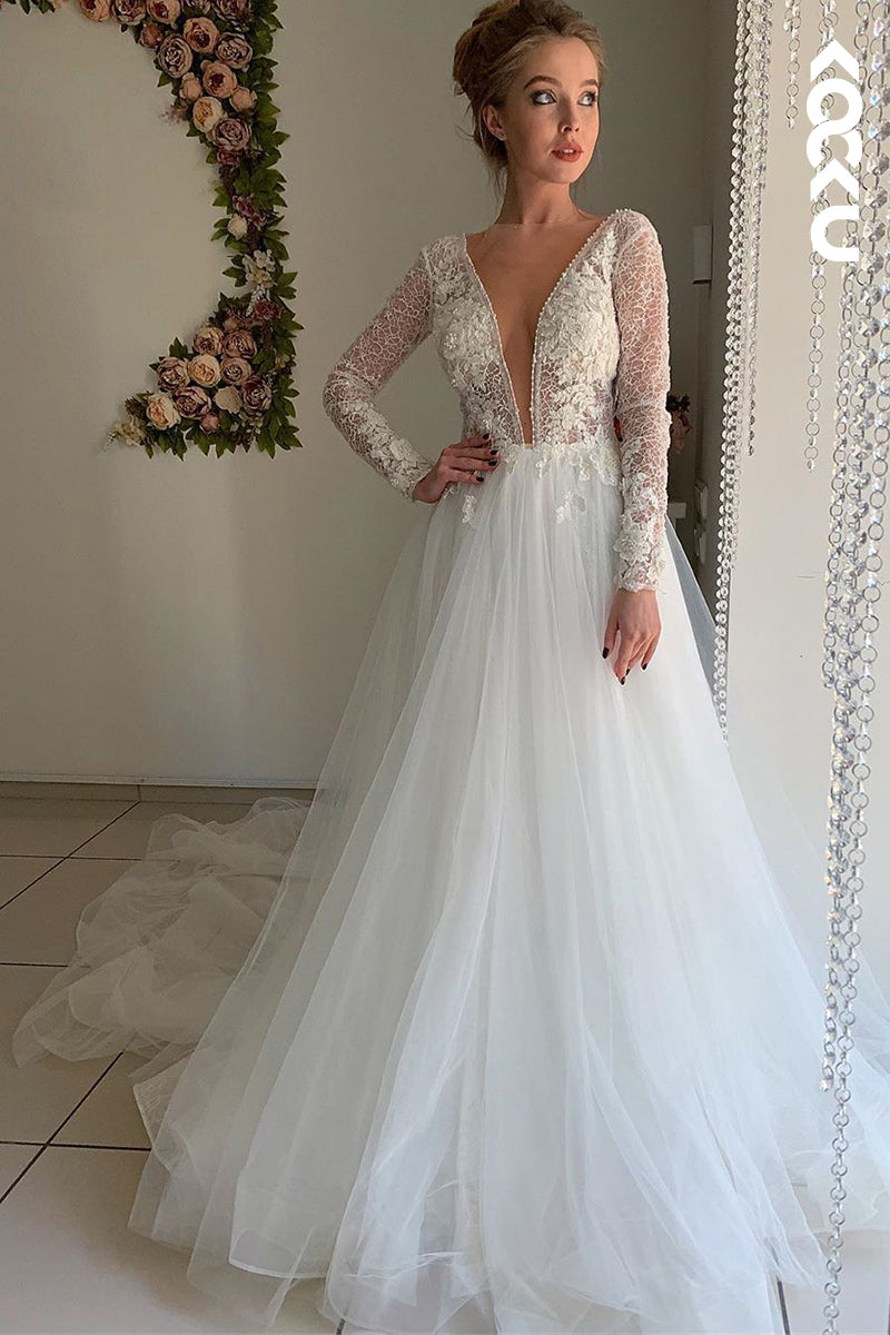 K934 - A-Line V-Neck Tulle Appliques Long Sleeves Bohmian Beach Wedding Dress