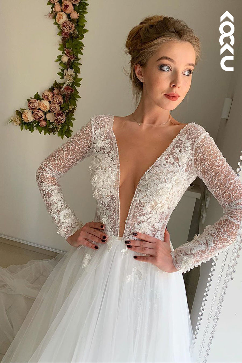 K934 - A-Line V-Neck Tulle Appliques Long Sleeves Bohmian Beach Wedding Dress