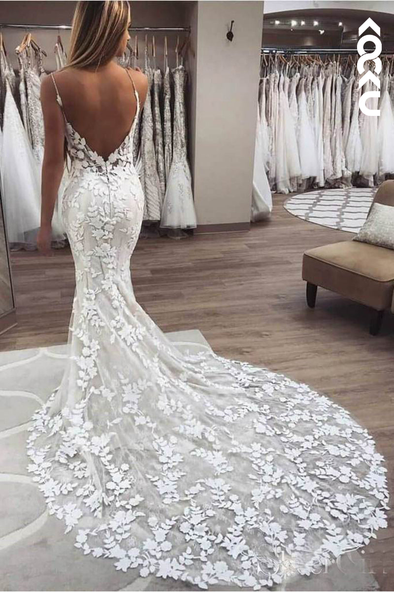 K937 - Trumpet/Mermaid V-Neck Tulle Appliques Backless Beach Wedding Dress