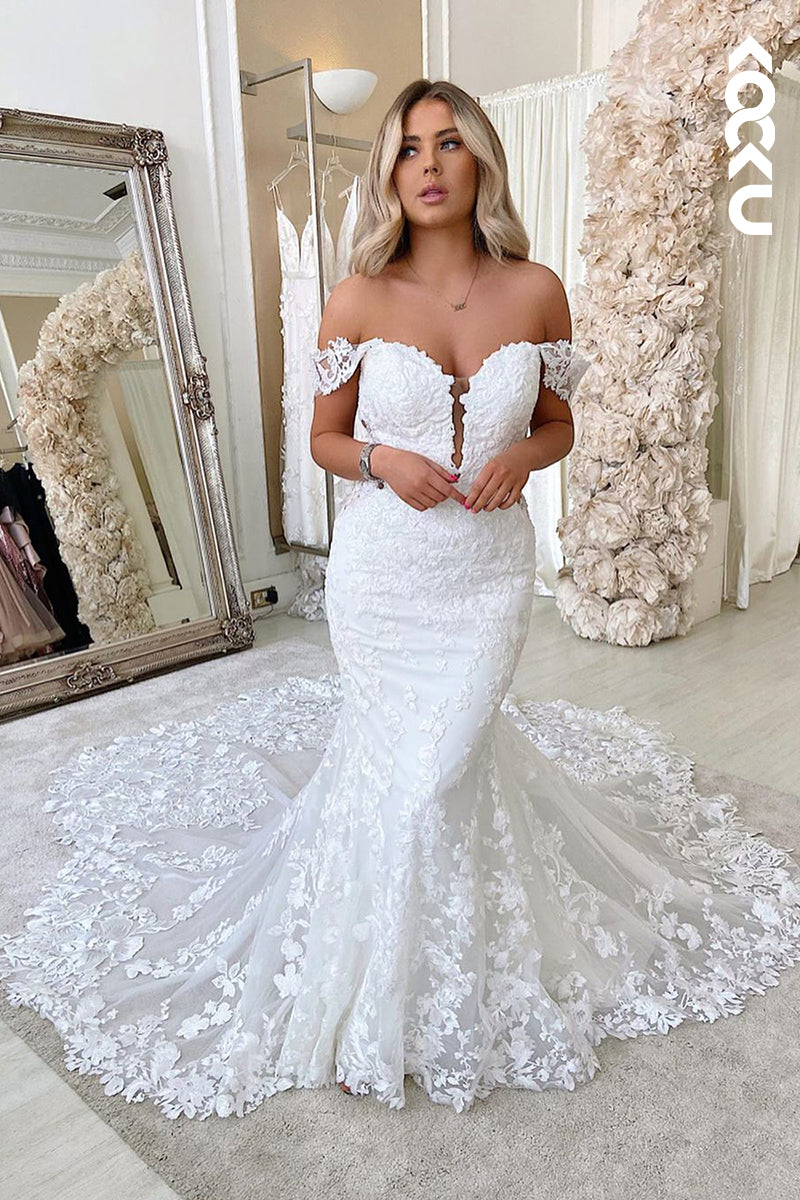 K938 - Trumpet/Mermaid Off-Shoulder Tulle Appliques Mermaid Wedding Dress