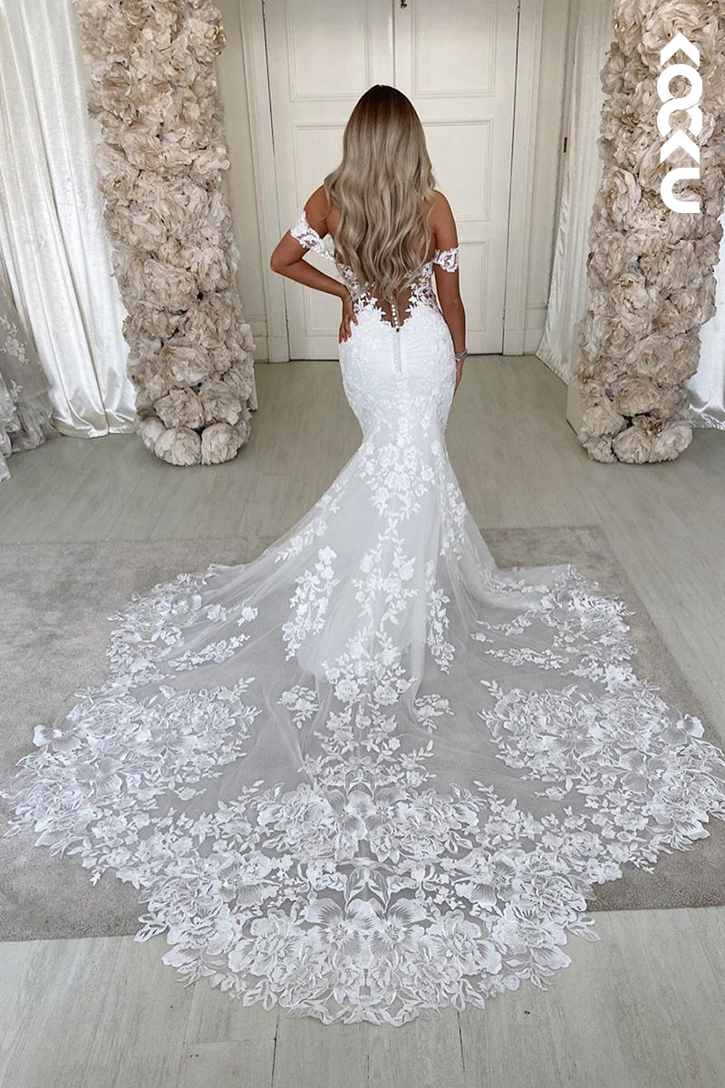 K938 - Trumpet/Mermaid Off-Shoulder Tulle Appliques Mermaid Wedding Dress