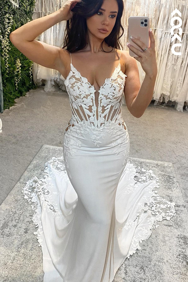 K941 - Trumpet/Mermaid V-Neck Satin Appliques Backless Mermaid Wedding Dress