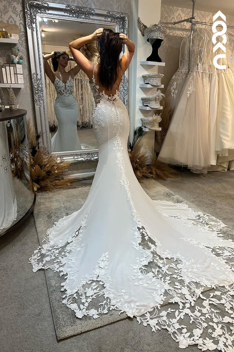 K941 - Trumpet/Mermaid V-Neck Satin Appliques Backless Mermaid Wedding Dress