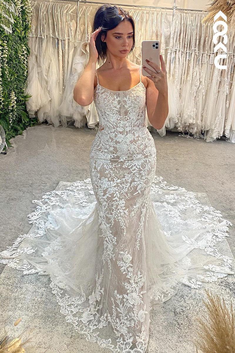 K943 - Sheath/Column Straps Tulle Appliques Backless Bohmian Beach Wedding Dress