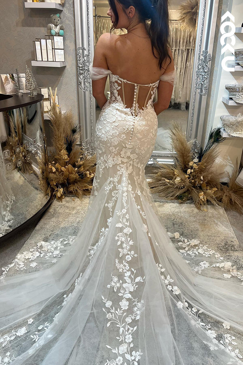 K944 - Trumpet/Mermaid Off-Shoulder Tulle Appliques Backless Beach Wedding Dress