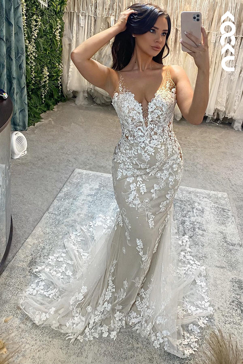 K945 - Trumpet/Mermaid V-Neck Tulle Appliques Backless Bohmian Beach Wedding Dress