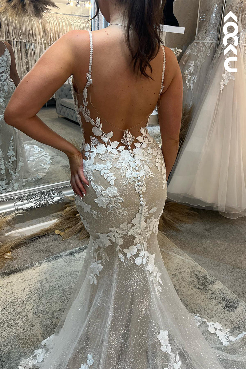 K945 - Trumpet/Mermaid V-Neck Tulle Appliques Backless Bohmian Beach Wedding Dress