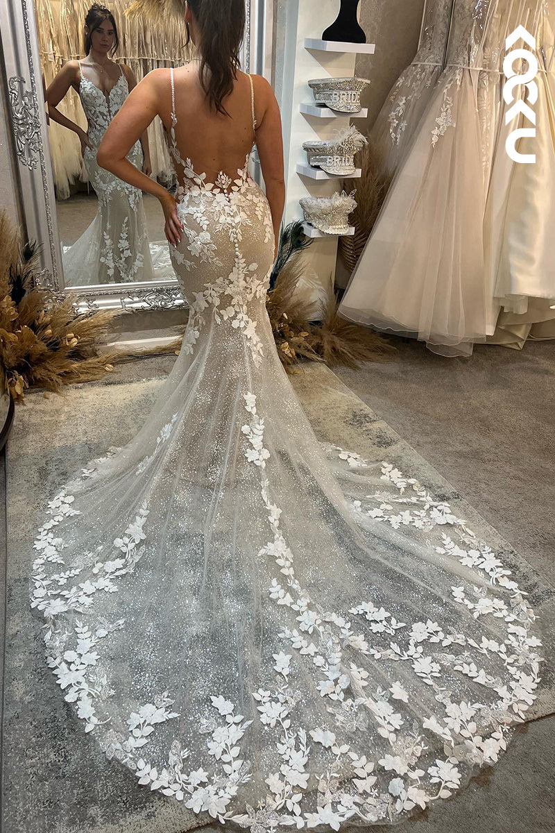 K945 - Trumpet/Mermaid V-Neck Tulle Appliques Backless Bohmian Beach Wedding Dress