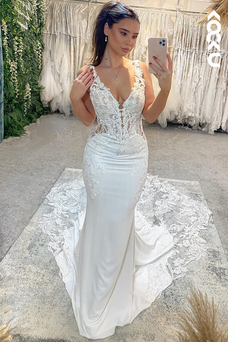 K947 - Trumpet/Mermaid V-Neck Satin Appliques Backless Mermaid Wedding Dress