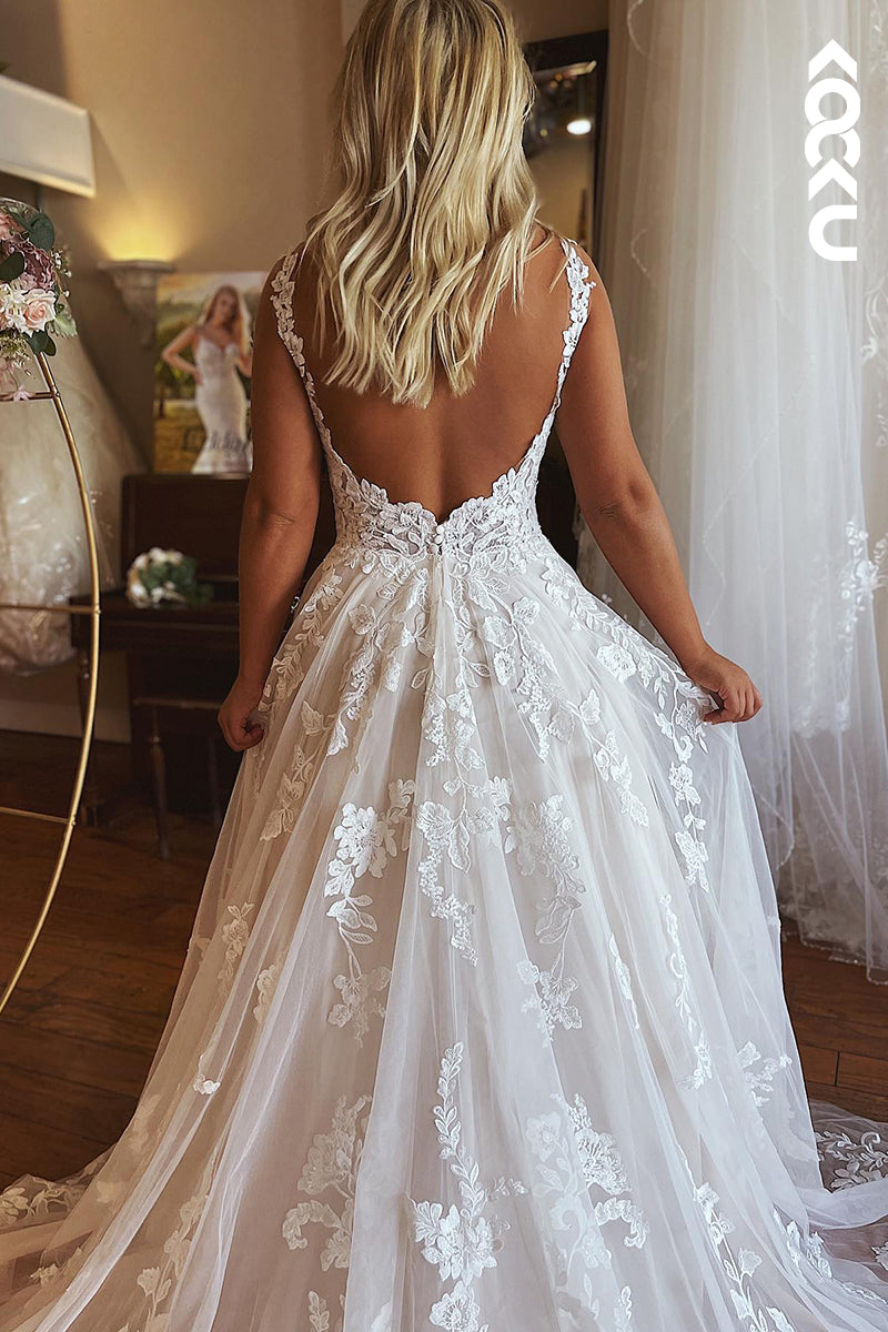 K948 - A-Line V-Neck Tulle Appliques Backless Bohmian Beach Wedding Dress