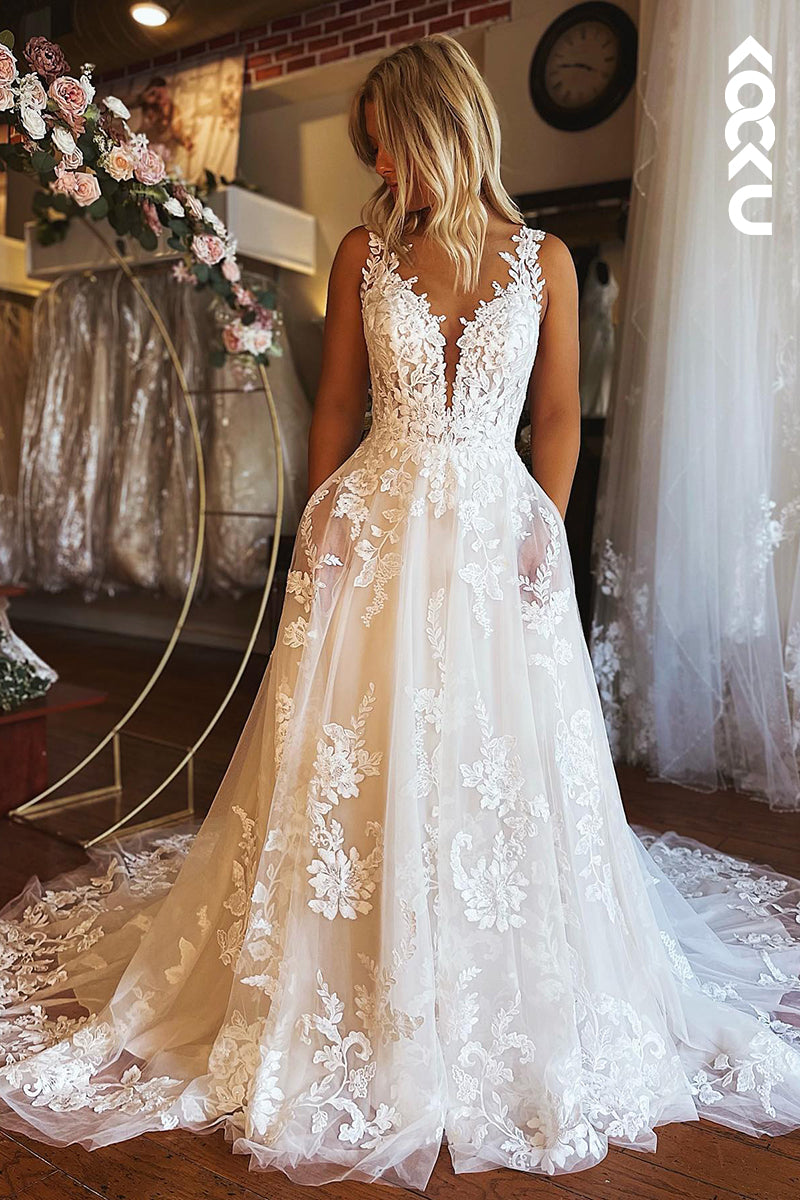 K948 - A-Line V-Neck Tulle Appliques Backless Bohmian Beach Wedding Dress