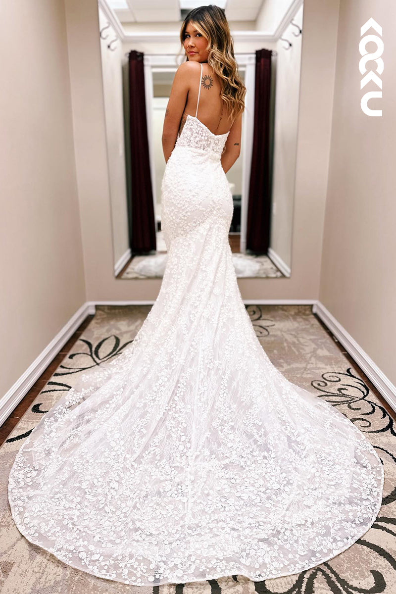 K949 - Trumpet/Mermaid V-Neck Tulle Appliques Backless Mermaid Wedding Dress