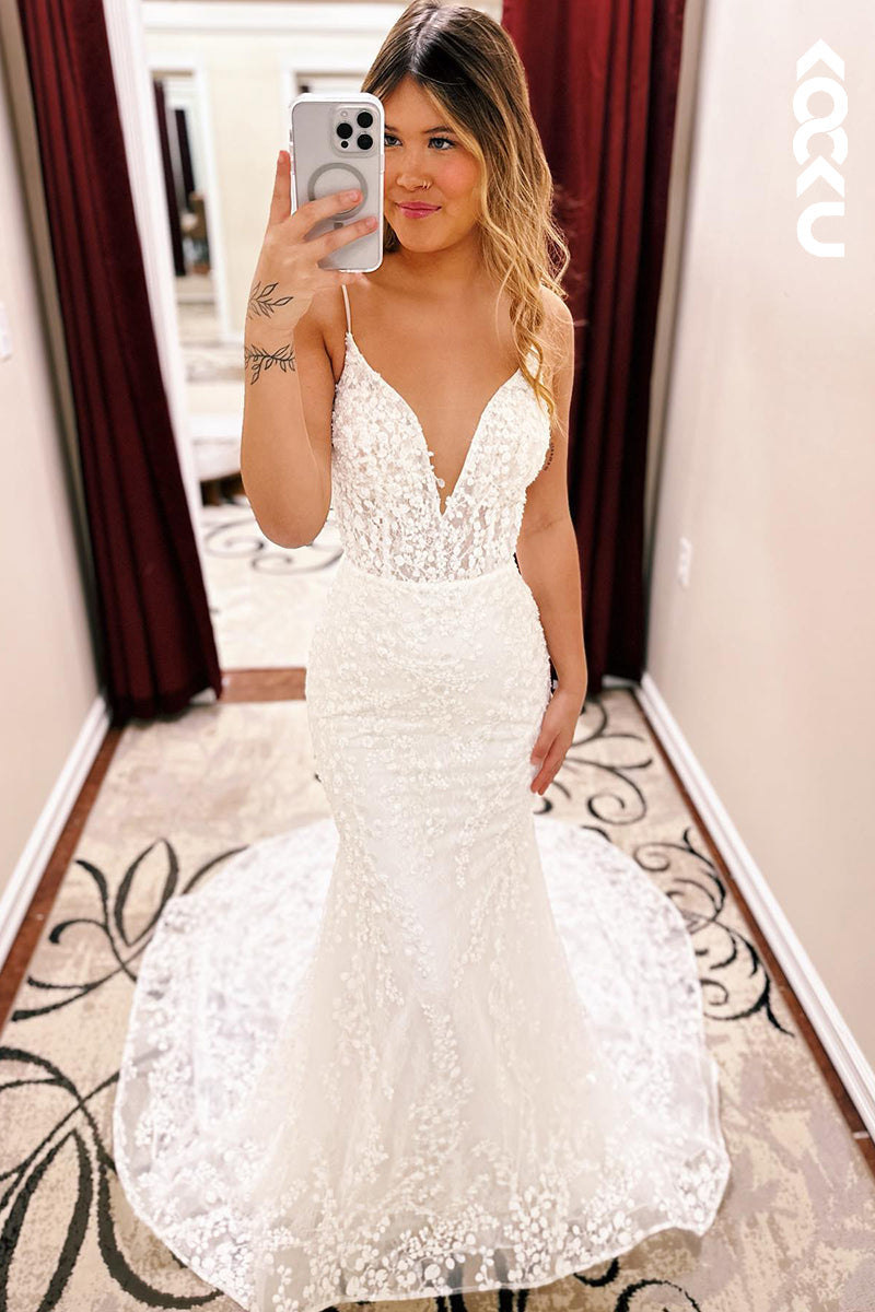 K949 - Trumpet/Mermaid V-Neck Tulle Appliques Backless Mermaid Wedding Dress