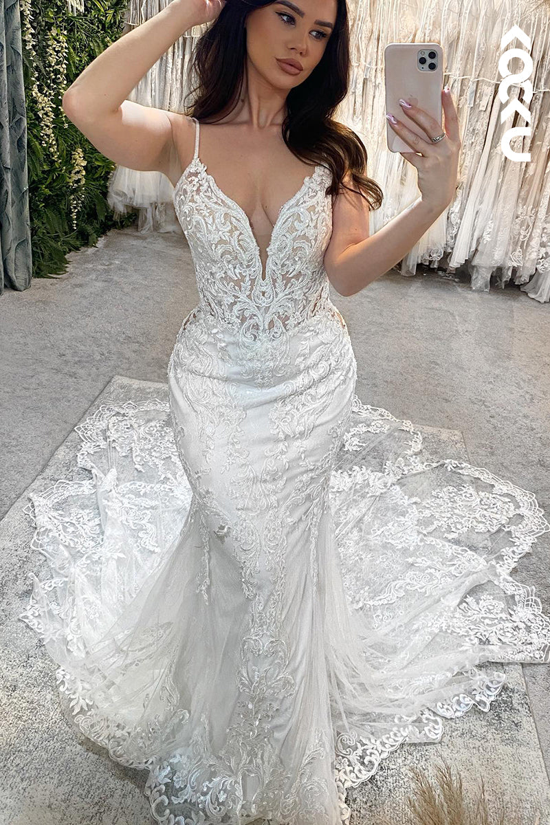 K950 - Trumpet/Mermaid V-Neck Tulle Appliques Sleeveless Mermaid Wedding Dress