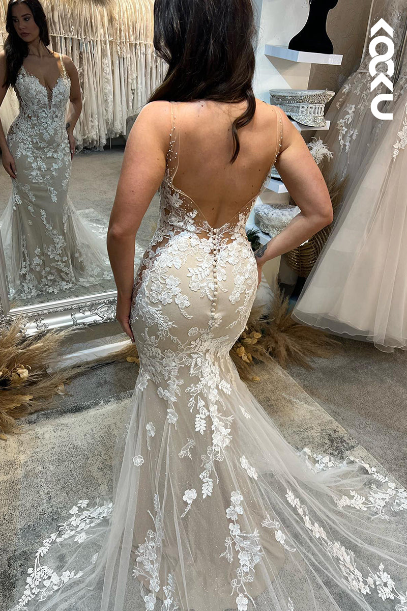 K951 - Trumpet/Mermaid V-Neck Tulle Appliques Backless Bohmian Beach Wedding Dress