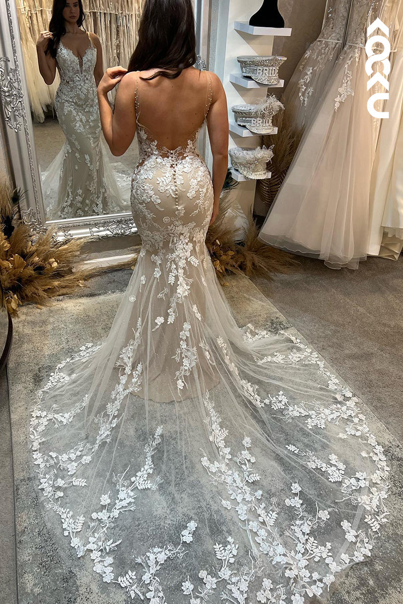 K951 - Trumpet/Mermaid V-Neck Tulle Appliques Backless Bohmian Beach Wedding Dress