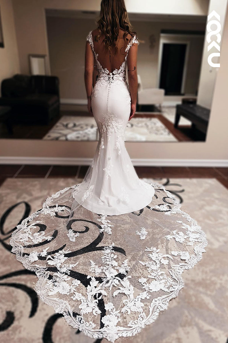 K953 - Trumpet/Mermaid Straps Satin Appliques Backless Mermaid Wedding Dress