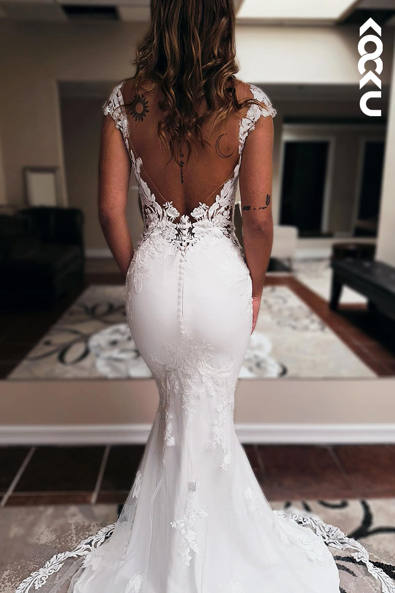 K953 - Trumpet/Mermaid Straps Satin Appliques Backless Mermaid Wedding Dress