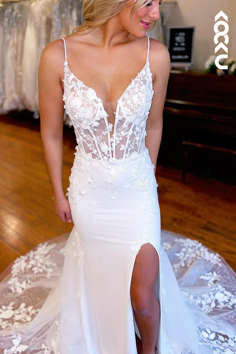 K954 - Sheath/Column V-Neck Tulle Appliques Backless Wedding Dress