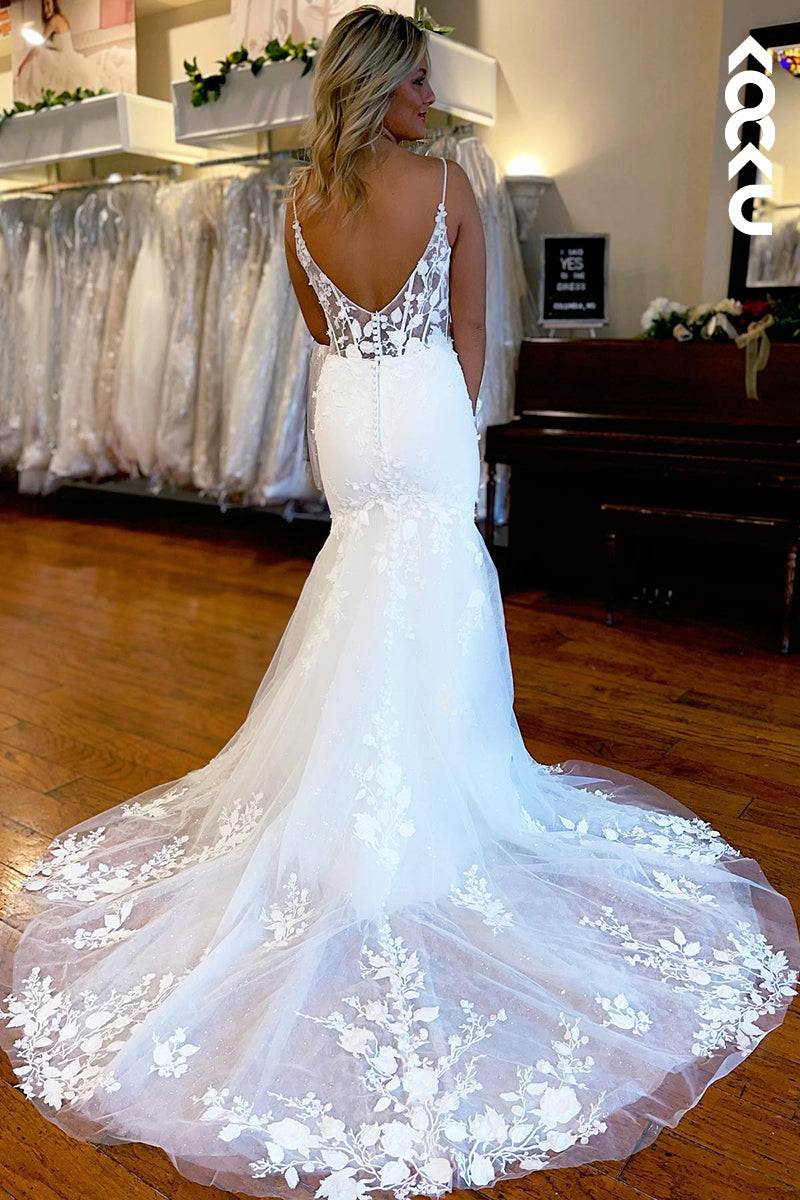 K954 - Sheath/Column V-Neck Tulle Appliques Backless Wedding Dress